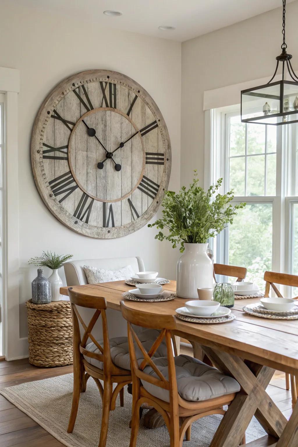 A rustic wall clock is both functional and decorative, adding timeless charm to your dining room.