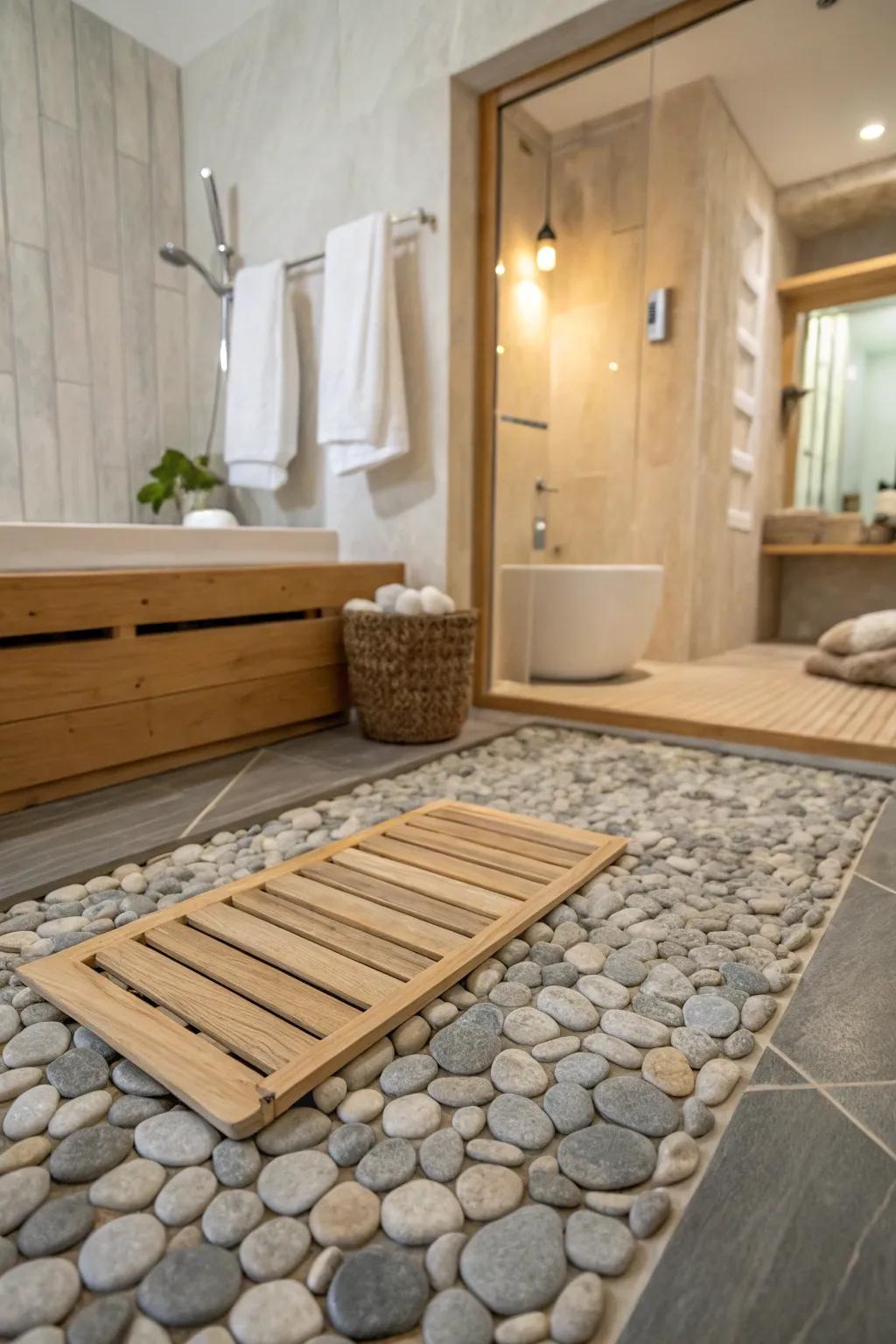 Pebble mosaics invite nature's calm into your space, offering a tranquil, spa-like experience. 🛁 #SpaBathroom #NatureInspired