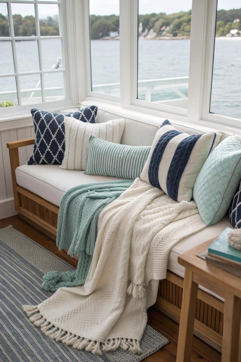 Textured fabrics create a cozy, lived-in feel in your nautical living room.