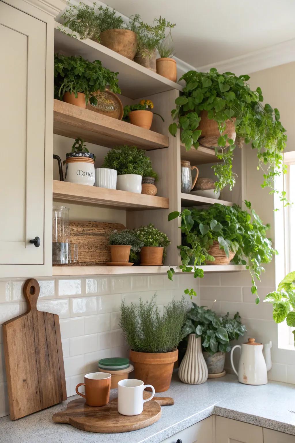 Bring life to your kitchen with potted plants, adding a touch of nature and vibrancy.