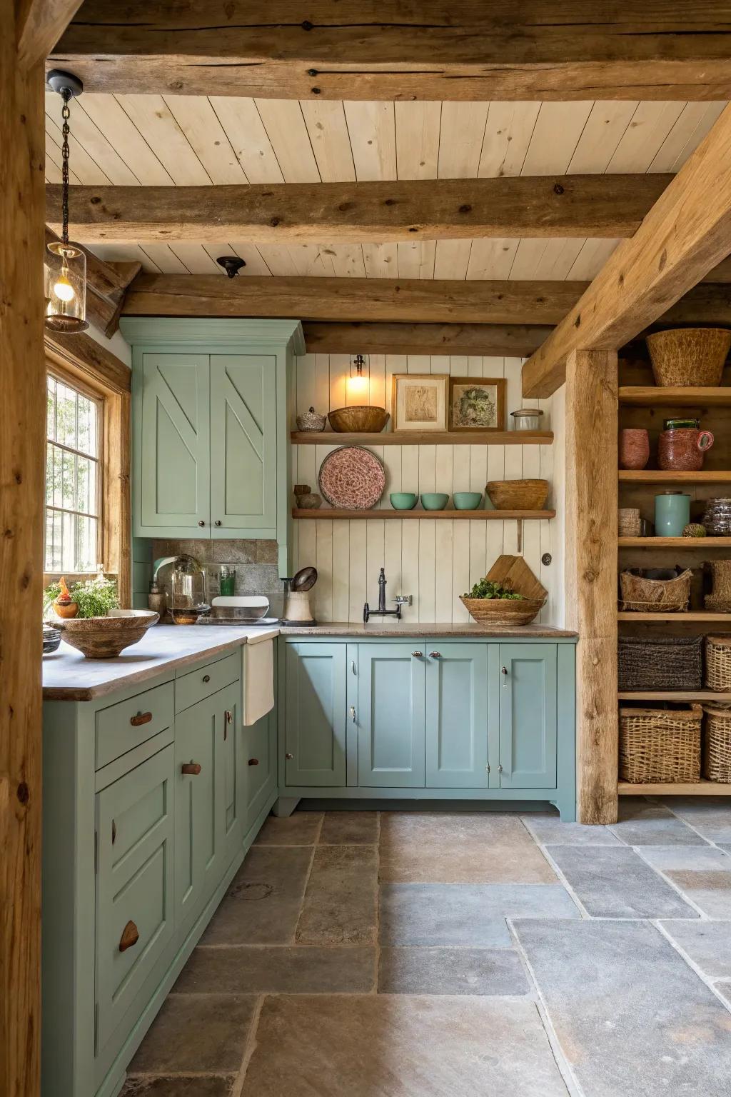 Painted cabinets offer a colorful touch, enhancing the rustic atmosphere.