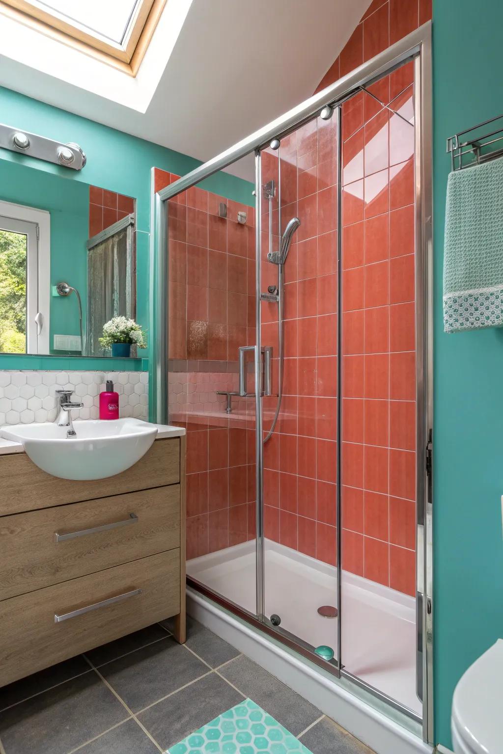 Sliding doors save space and add a sleek look to compact bathrooms. #SlidingDoors #BathroomTrends
