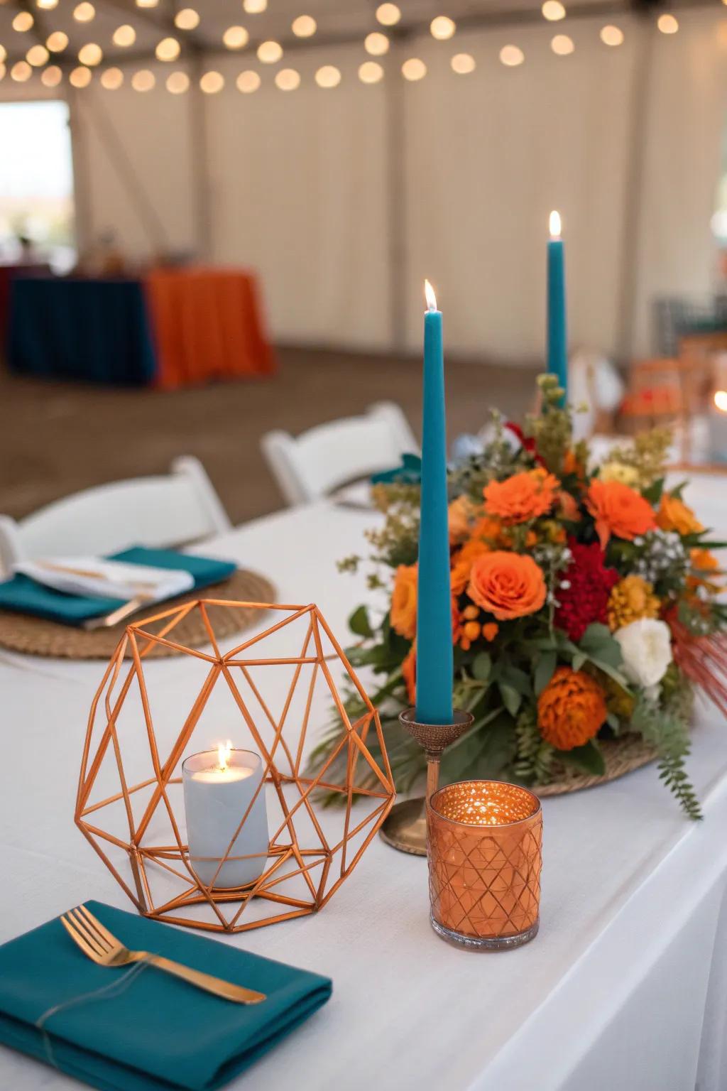 Geometric candle holders add a modern touch to your wedding table setting.