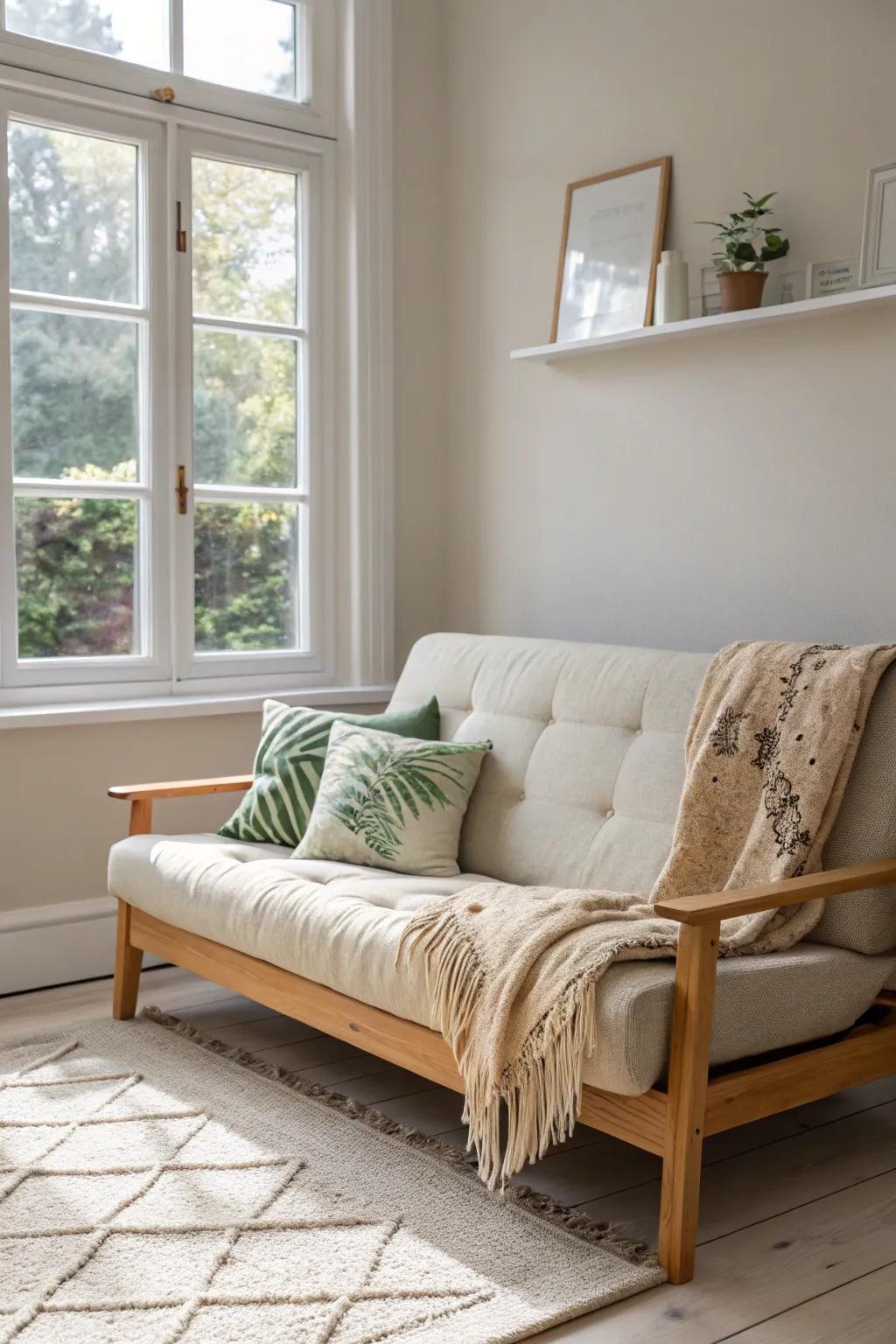 Futons provide dual functionality, perfect for living and sleeping in small spaces.