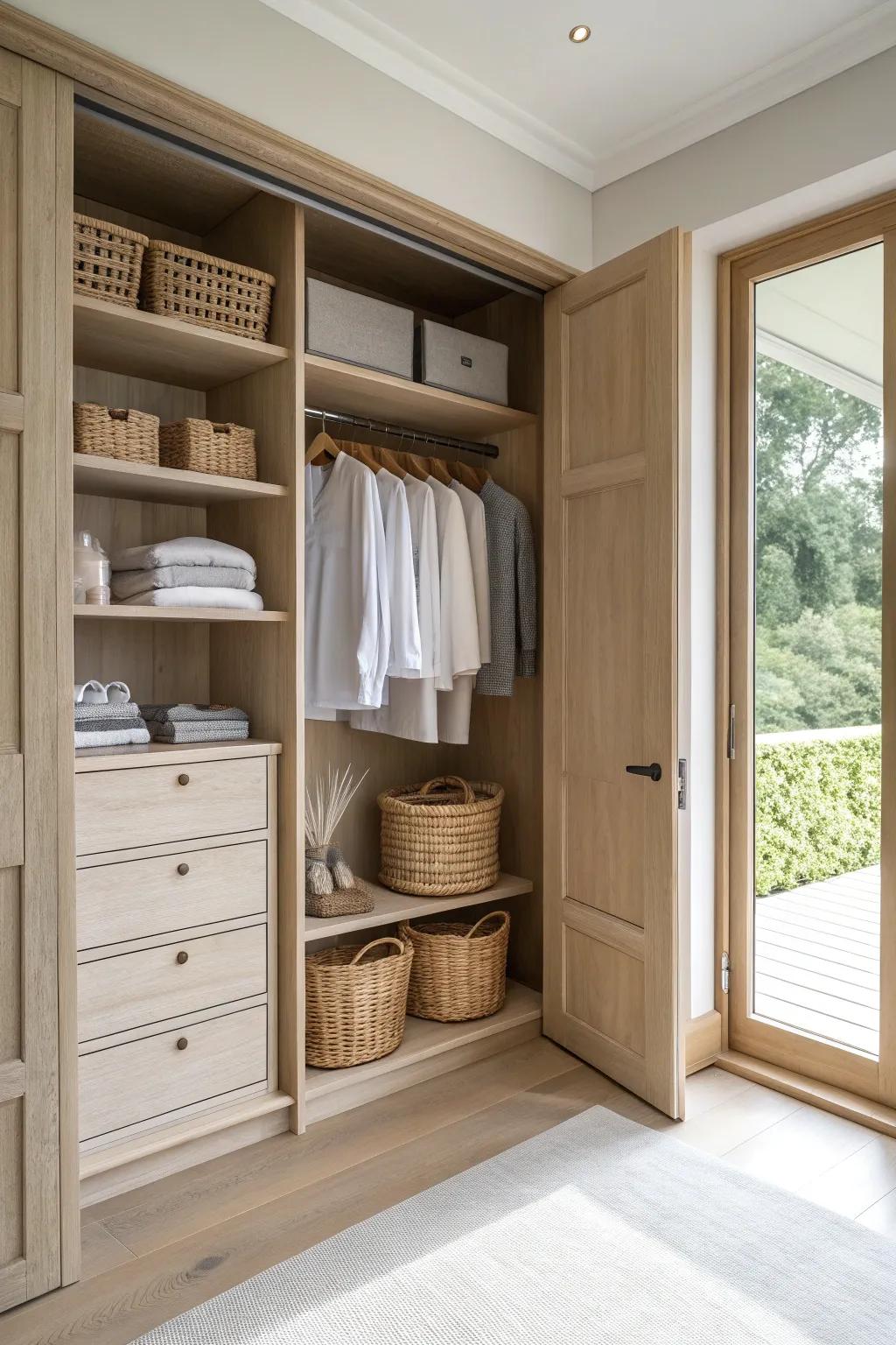 Hide and organize with chic baskets and bins for a tidy closet.