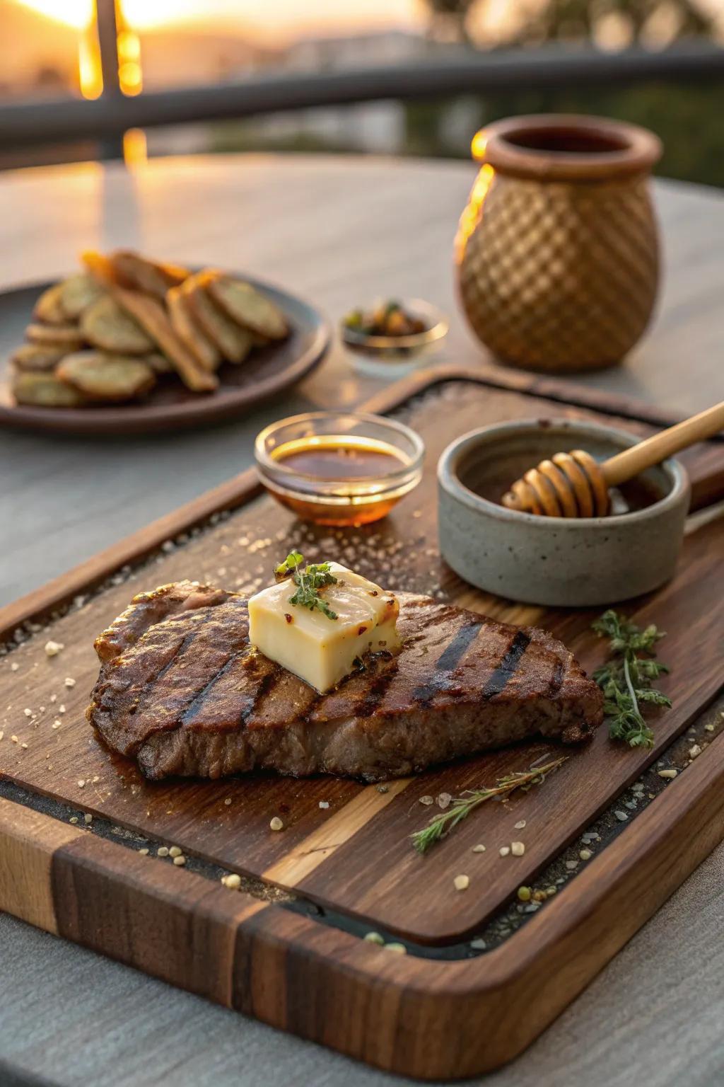 A drizzle of honey brings a sweet surprise to your savory steak board.
