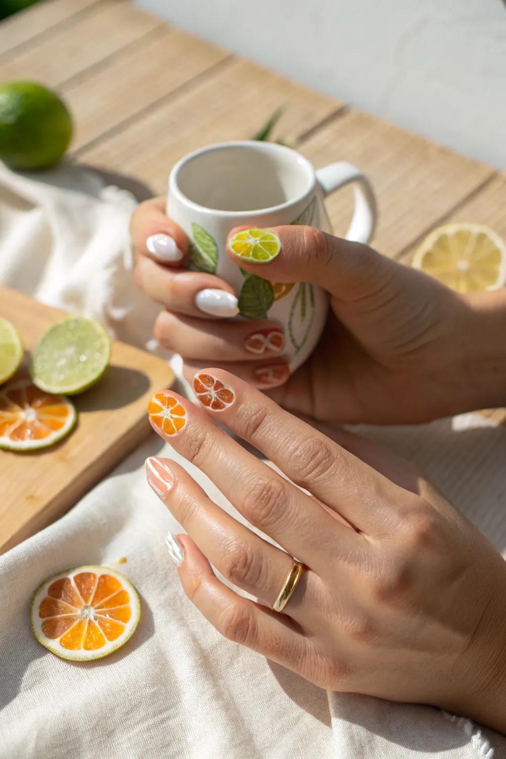 Add a quirky twist to your nails with <strong>citrus slice art</strong>.” loading=”lazy” class=”pimg”>
	</picture><figcaption>Add a quirky twist to your nails with <strong>citrus slice art</strong>.</figcaption></figure>
<p>Feature tiny hand-painted <strong>citrus slices</strong> on your nails for a quirky and refreshing look. This design is like having a citrusy cocktail right at your fingertips.</p>
<h3>Possibly handy products:</h3>
<ul class=