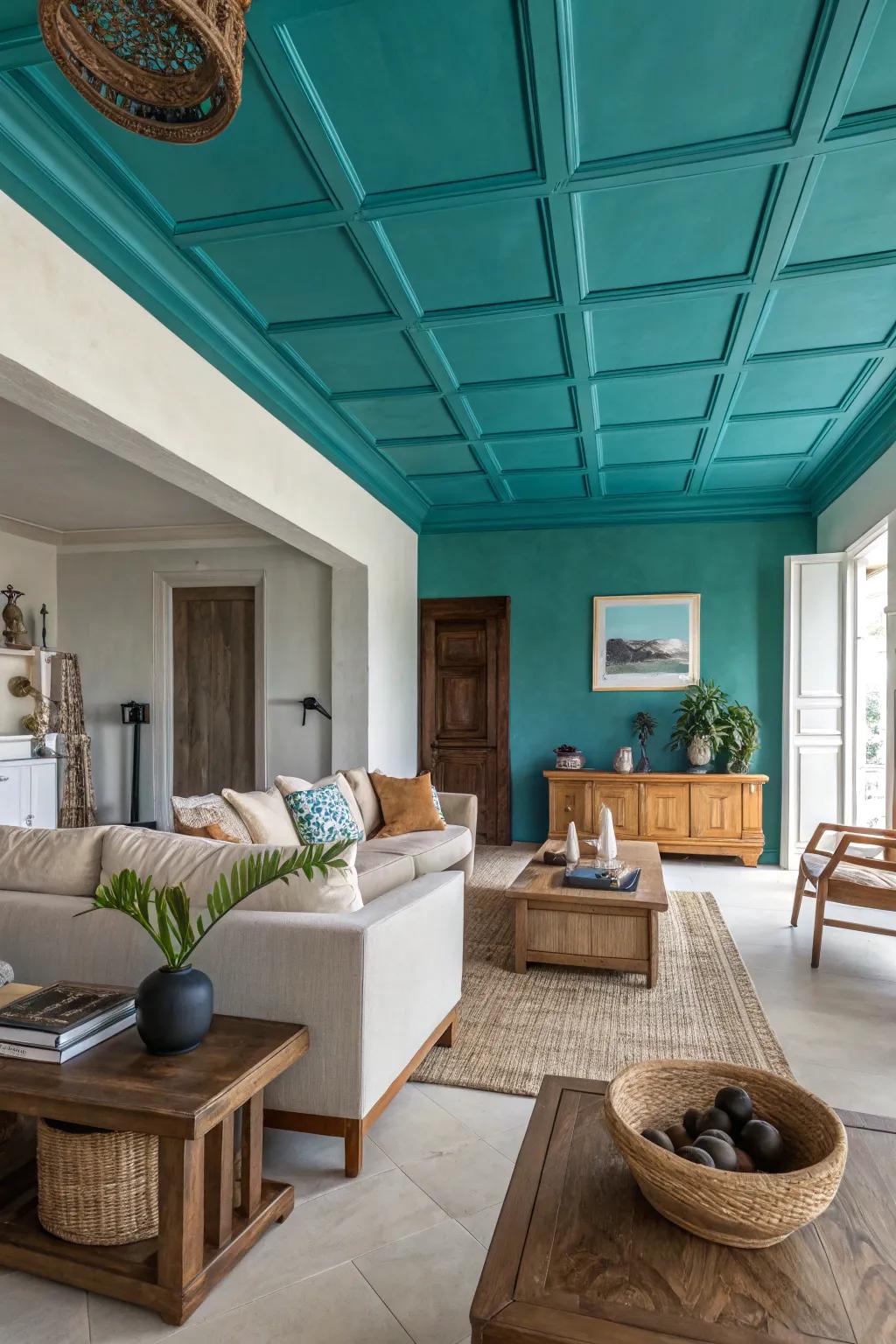 Dare to be different with a striking teal ceiling! #BoldInteriors #CeilingDesign