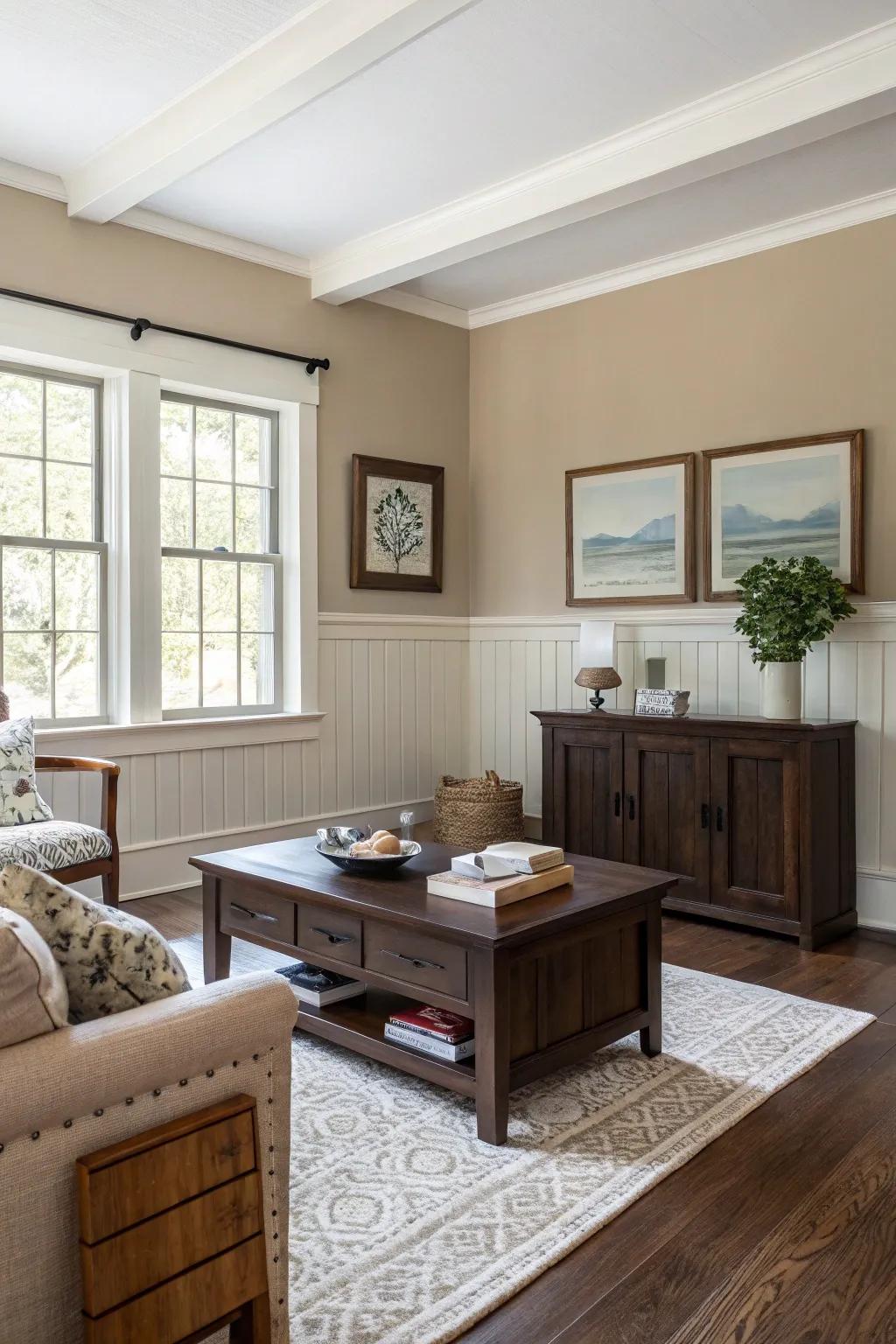 Add warmth to your dining room with the rich contrast of dark wood and light cream wainscoting.