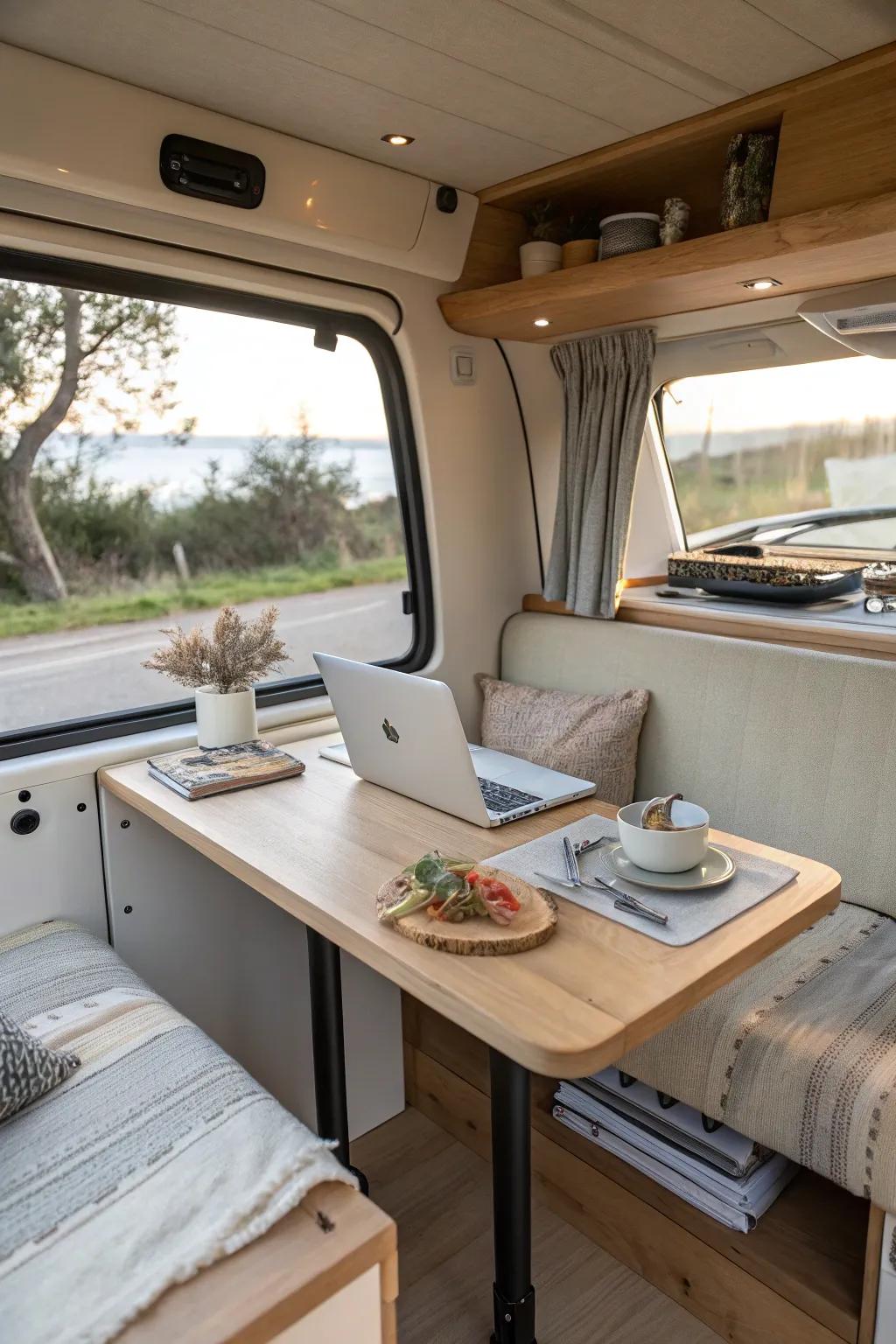 Maximize your van's functionality with a fold-down table for extra space.