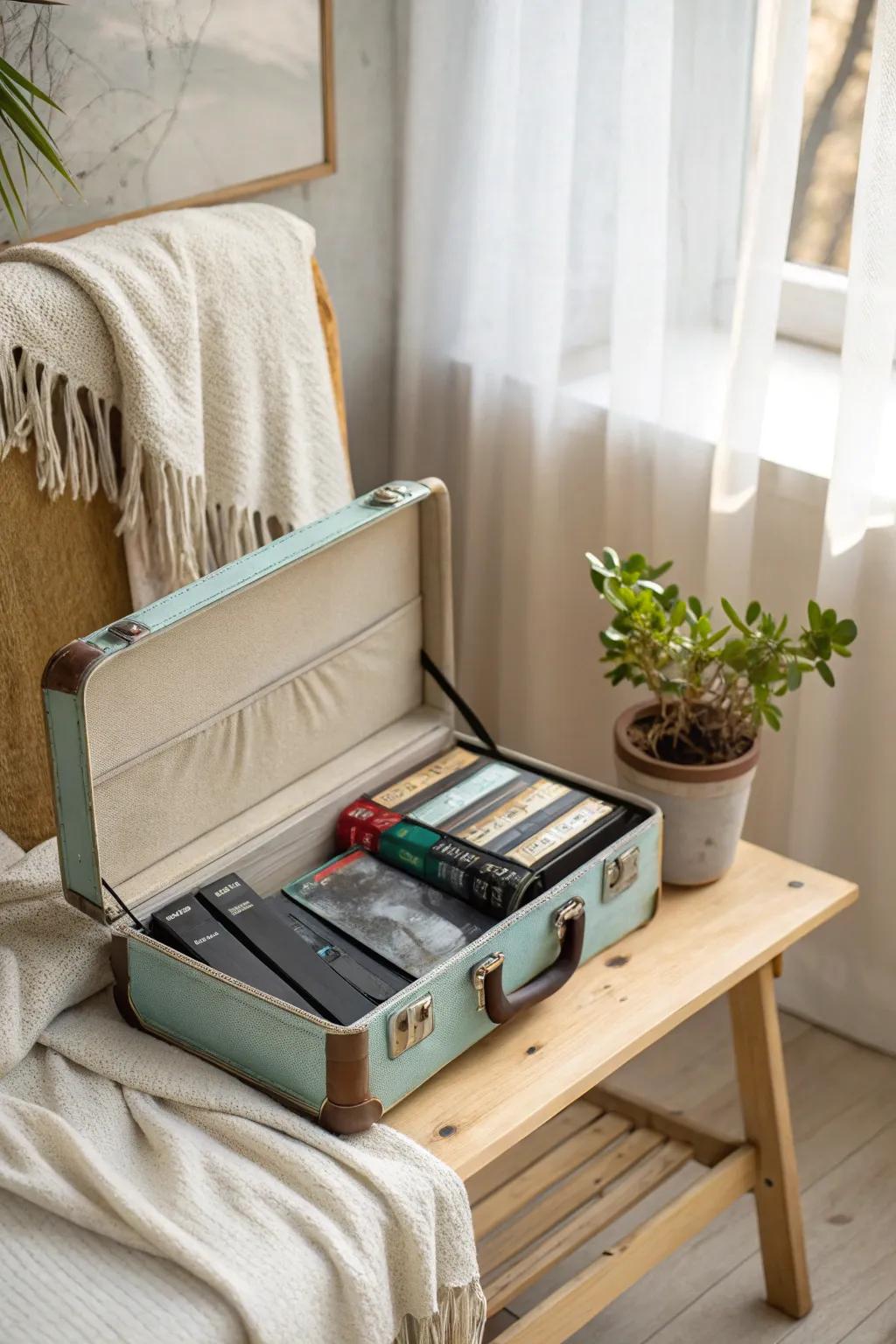 Bring travel nostalgia home by using a vintage suitcase to display your tapes. 🌍 #TravelInspiration #VintageCharm