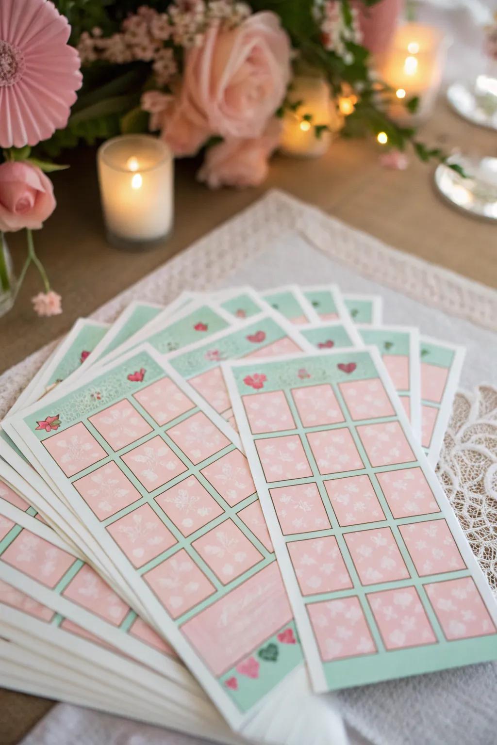 Infuse soft elegance into your wedding with pastel-themed bingo cards.