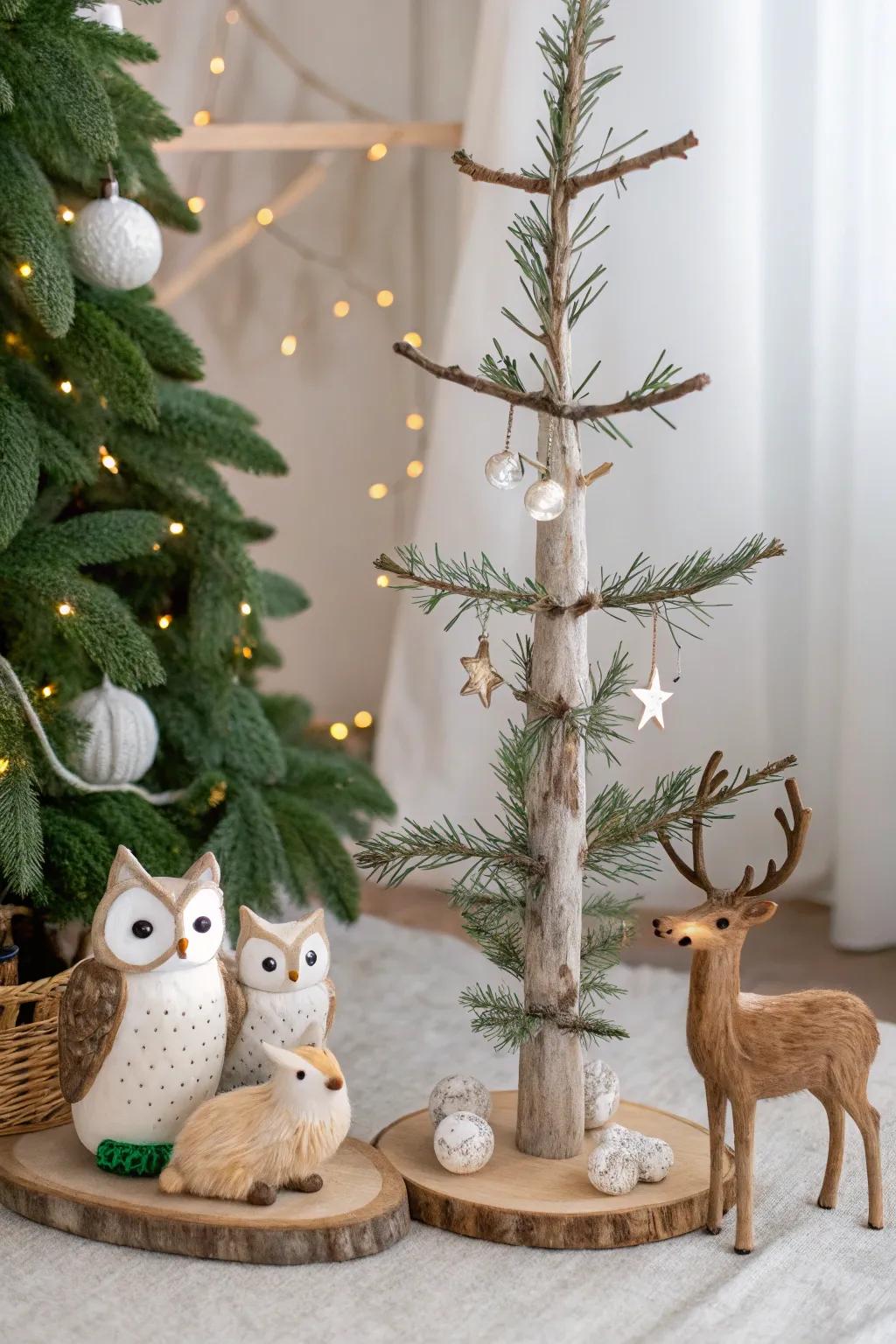 Woodland creatures add whimsical charm, bringing the spirit of the forest to your tree.