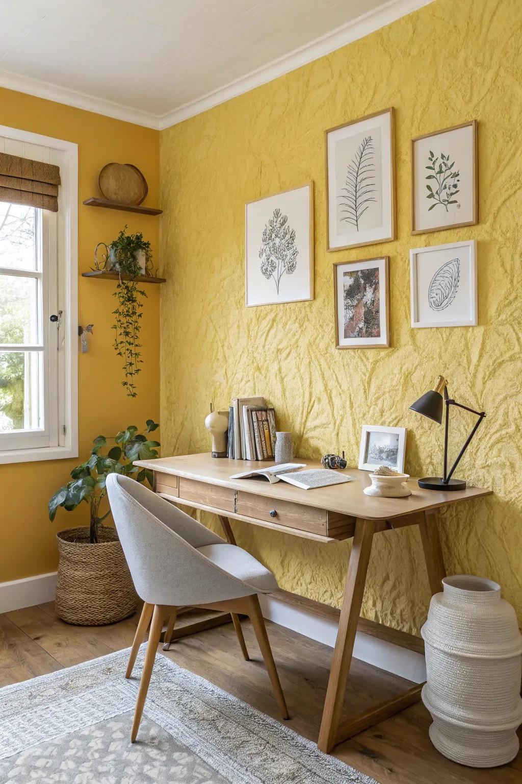 Textured walls add depth and sophistication, transforming your yellow office into a visual masterpiece.