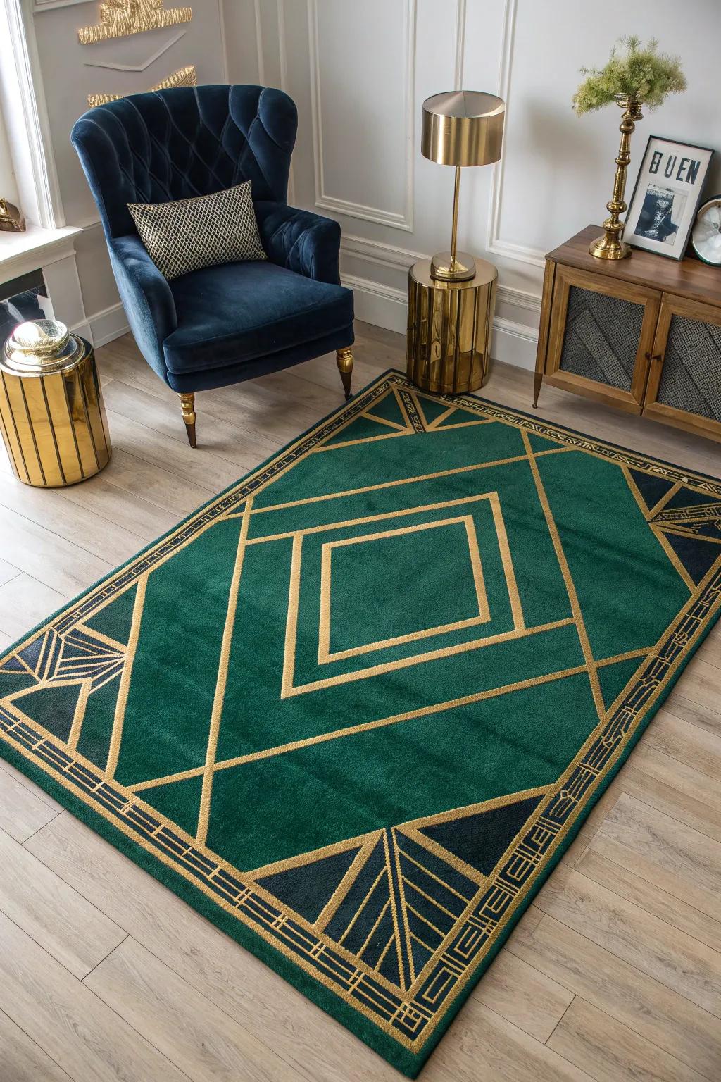 Ground your space with a Deco-inspired rug, adding texture and style.