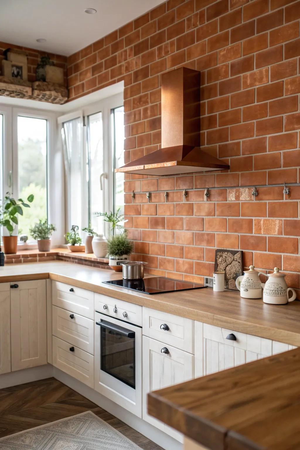 Invite rustic elegance into your kitchen with the timeless charm of brick and wood. 🍂 #RusticCharm #InvitingSpaces