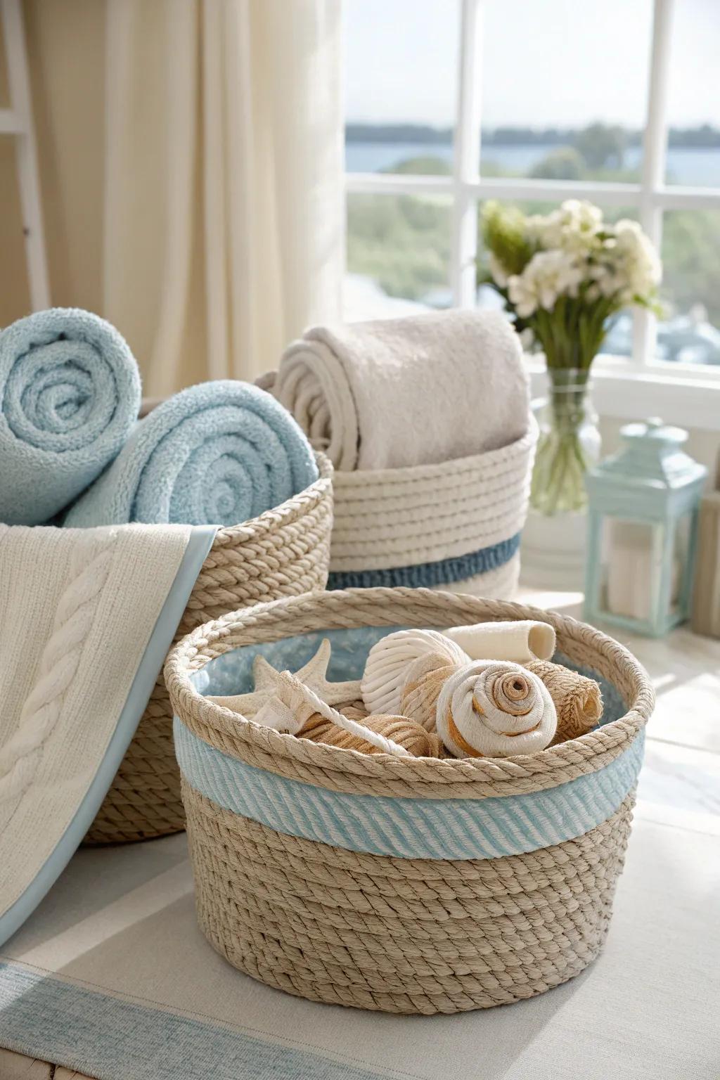 Organize your space with charming nautical rope baskets. 🏝️🧺 #BeachHouse #OrganizeInStyle