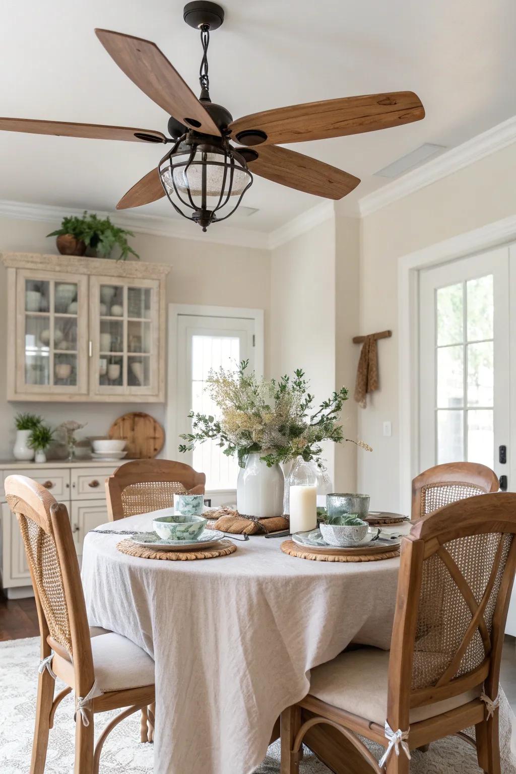 Invite warmth and nostalgia into your dining room with a farmhouse-style ceiling fan. 🏡 #FarmhouseStyle #CozyHome