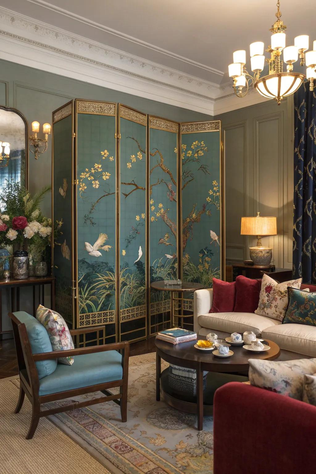 Accent colors like blue and gold enhance the harmonious flow of chinoiserie decor.
