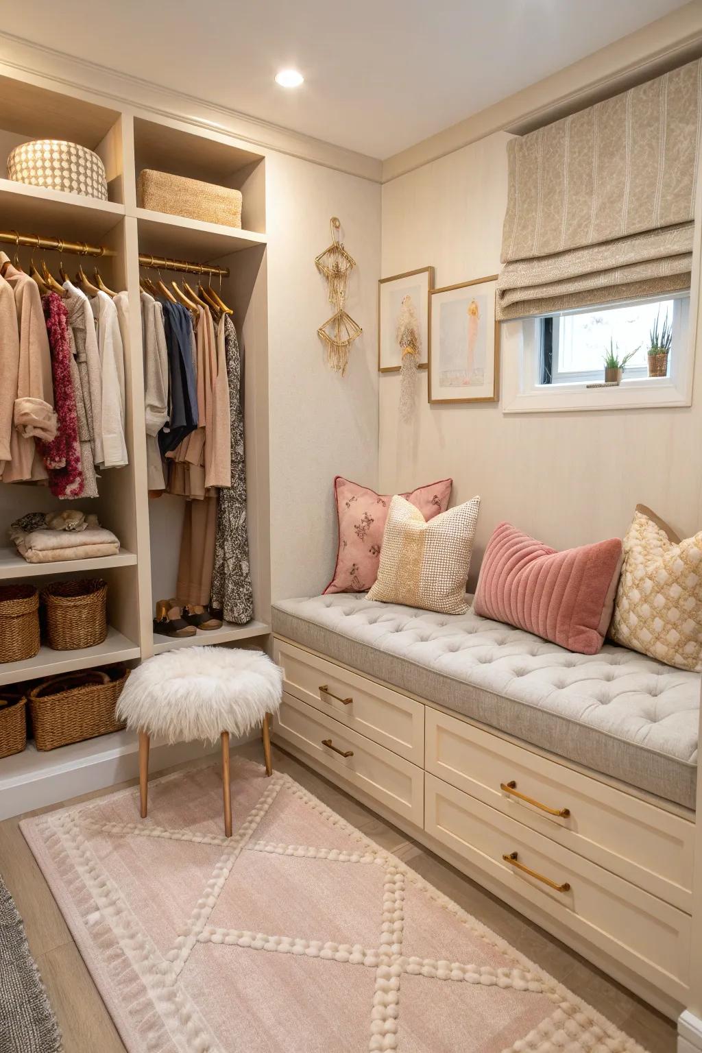Transform your closet into a cozy sanctuary with a stylish seating area. #ComfortInStyle #ClosetComfort #HomeInspo