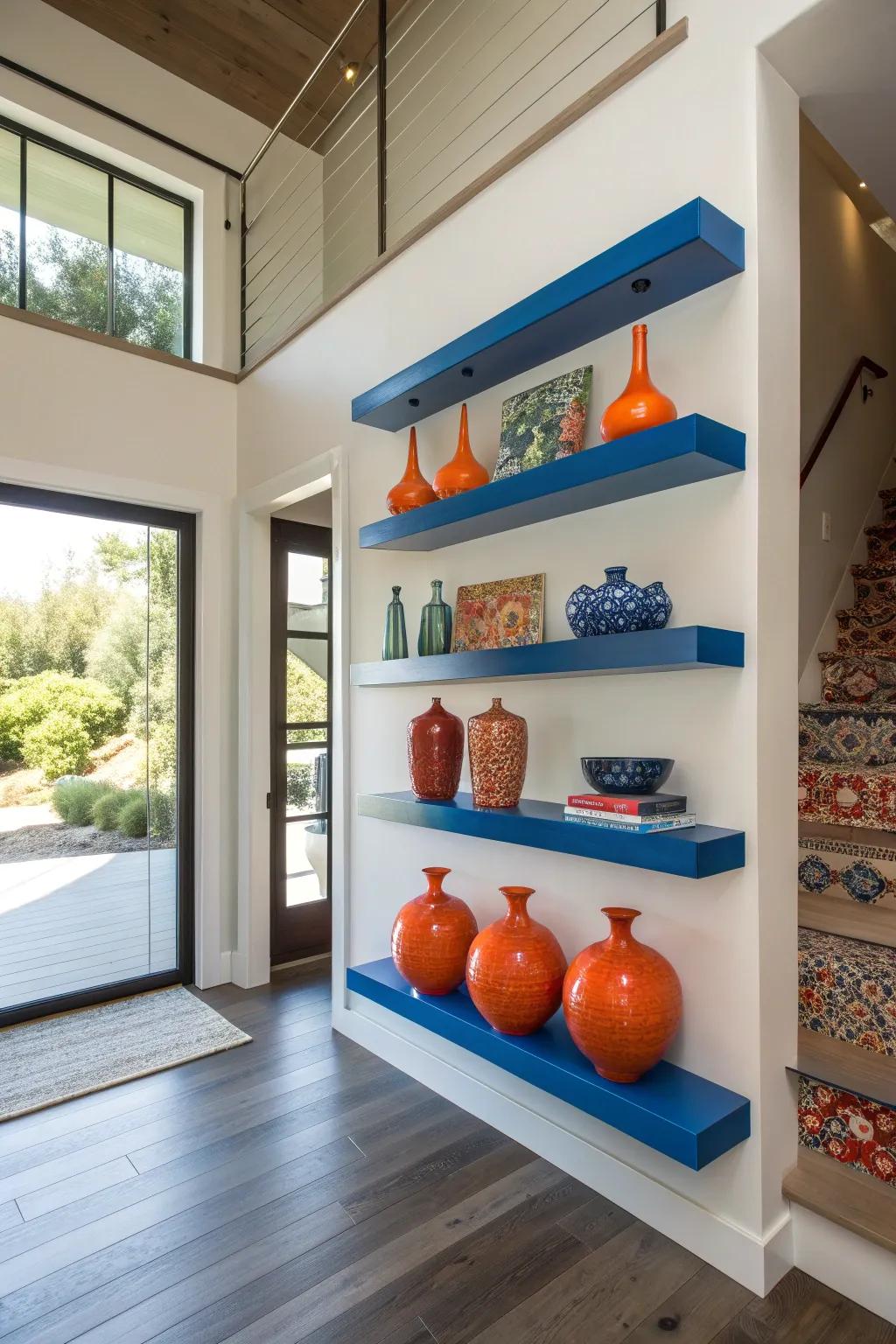 Display your favorite pieces on floating shelves for a modern, airy look.