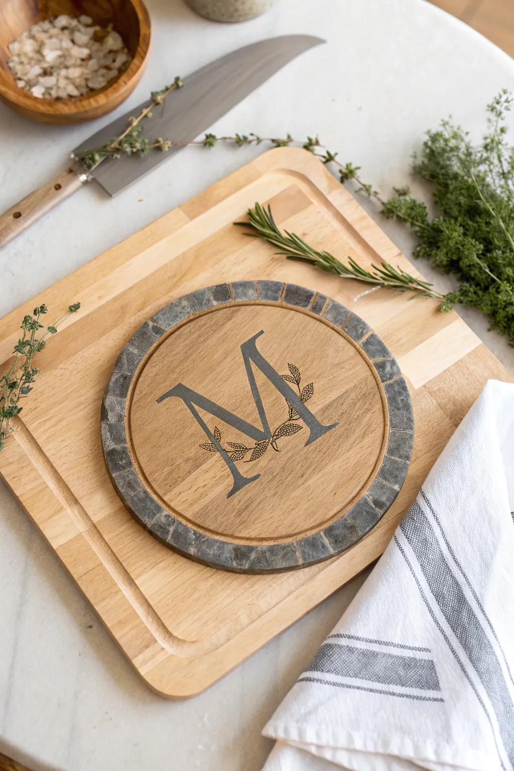 Bring elegance to their kitchen with a cutting board featuring a monogram and stone inlay.