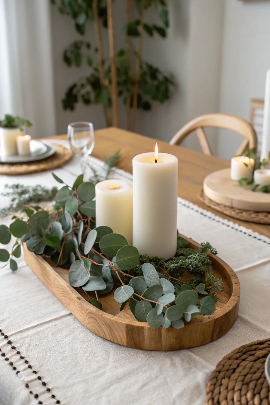 Set the mood with a cozy eucalyptus and candle centerpiece. 🕯️🌿 #CandlelitDecor #CozyHome