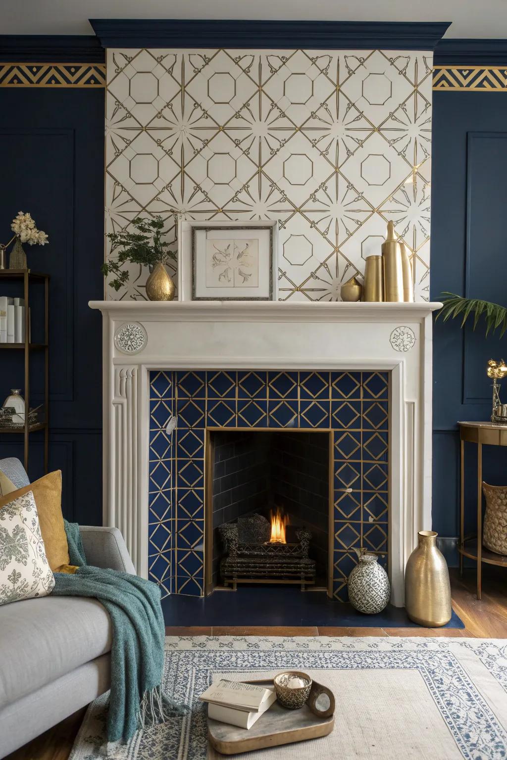 Create a captivating focal point with geometric patterns that transform your fireplace. #GeometricDesign #WallPatterns