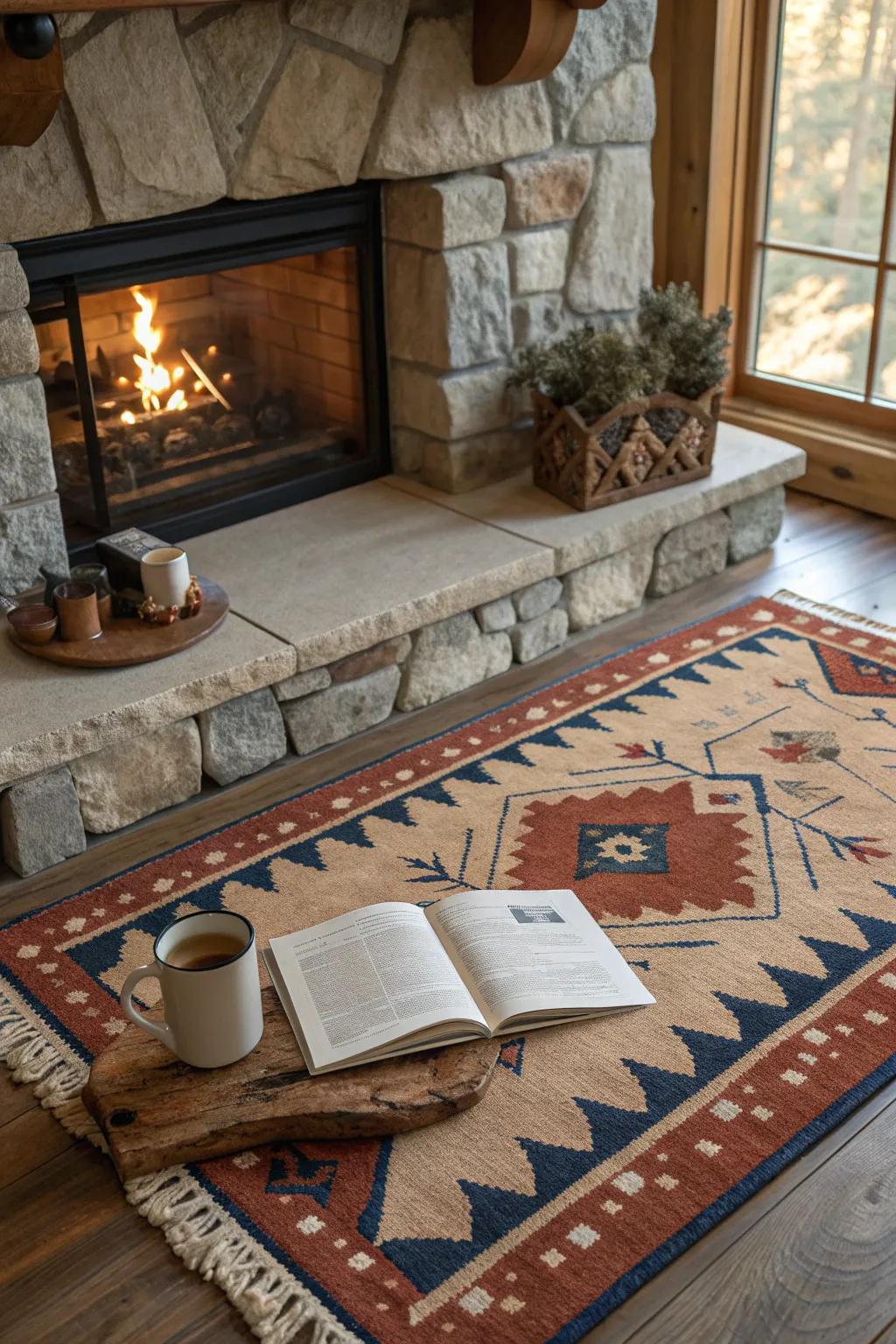 A soft rug enhances comfort and style around your hearth. 🧶 #RugLove #CozyHome