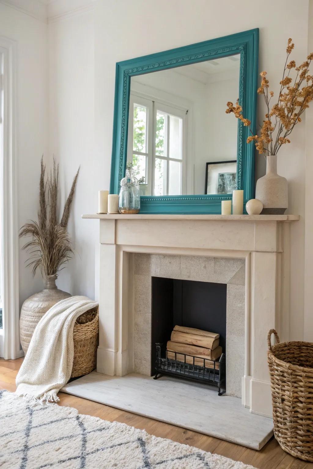 Make a statement with a bold mirror frame that contrasts beautifully with your fireplace.
