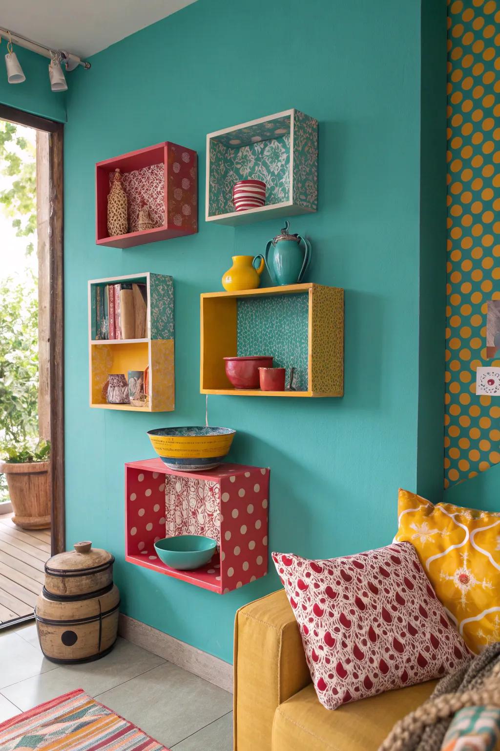 Add whimsy to your decor with playful patterned shelves that surprise and delight. 🎉 #PlayfulDesign #HomeFun #CreativeSpaces