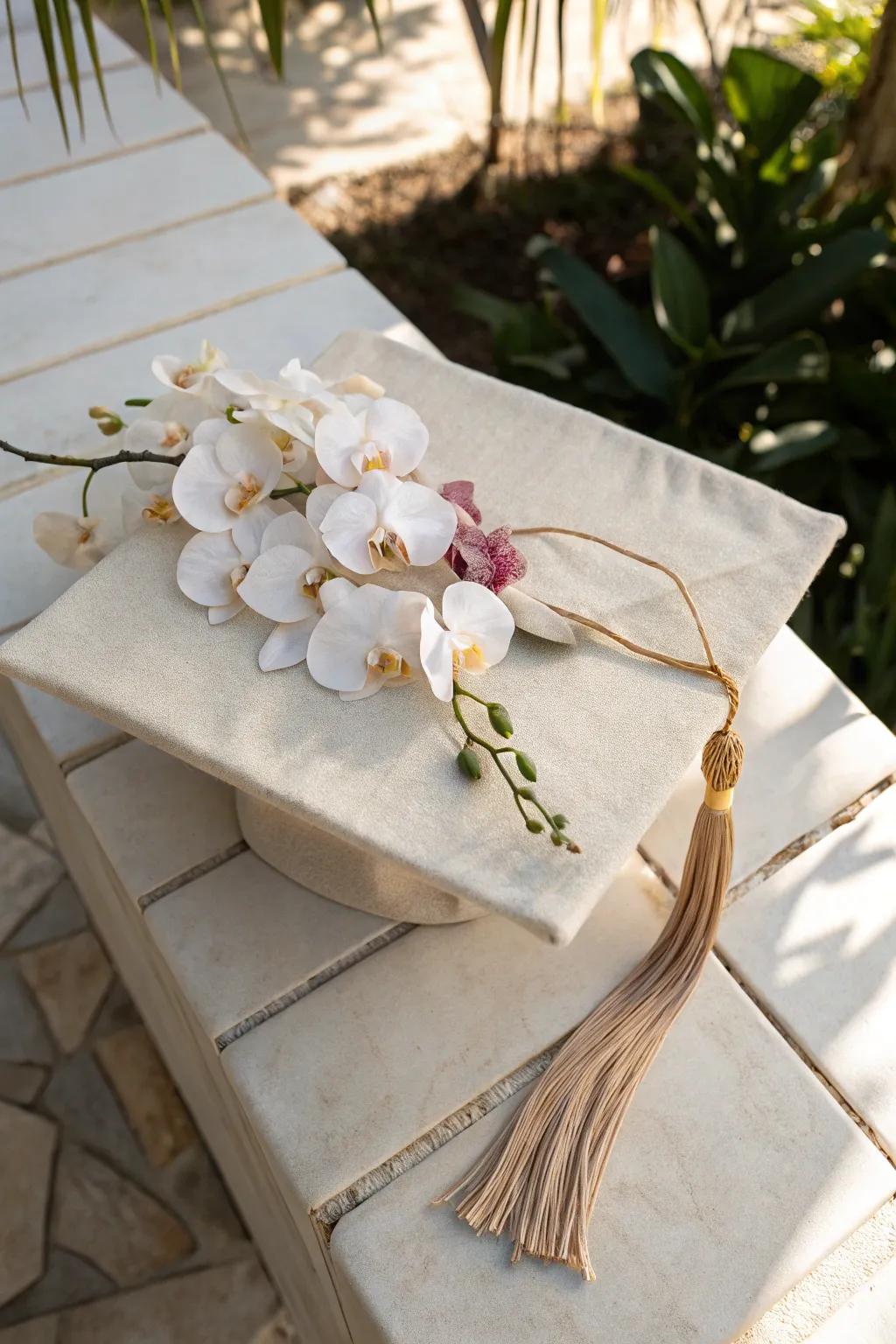 Adorn your cap with orchids for an elegant and exotic flair. #OrchidElegance #GraduationGlam