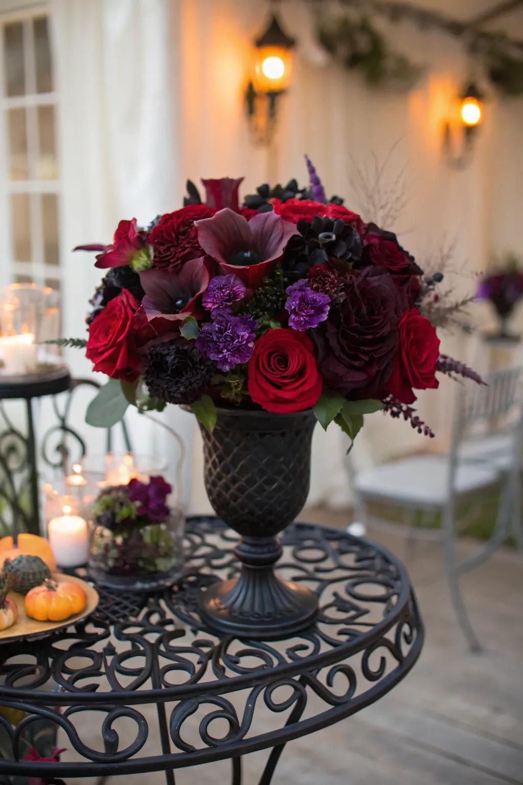 Elegant gothic floral arrangements bring a touch of drama to your Halloween baby shower.