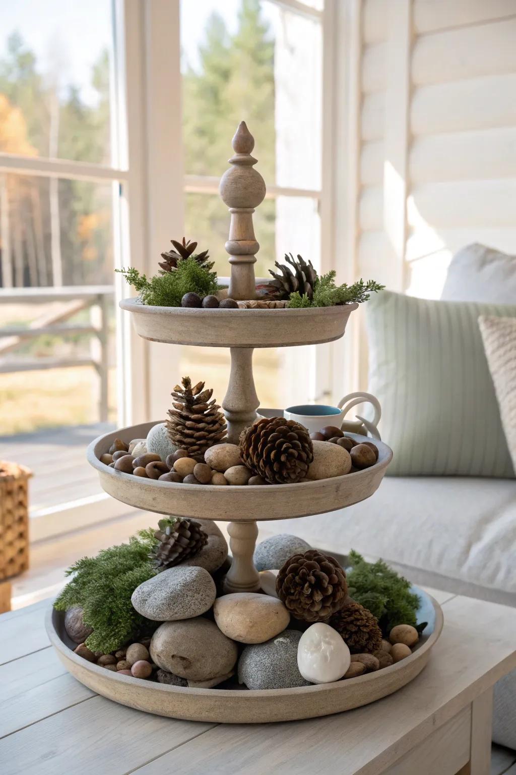 Bring the beauty of nature indoors with earthy elements on your tiered tray. 🌿🍂 #NaturalDecor #EarthyTouches