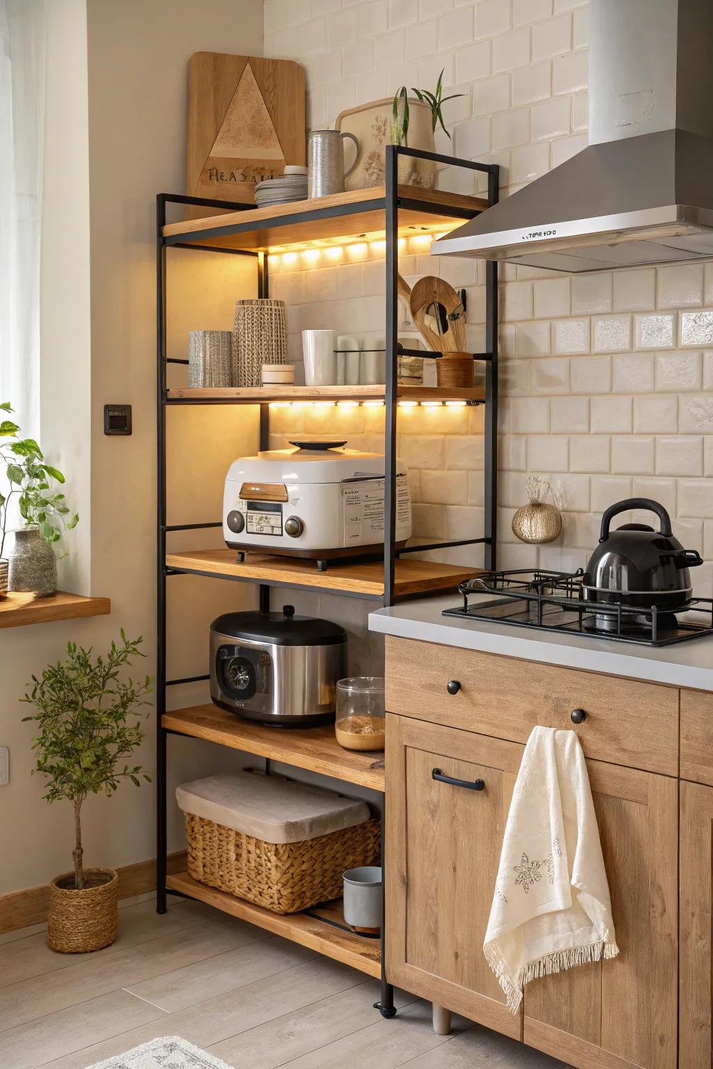 Double your storage with stackable shelves that keep your kitchen tidy. Hashtags: #StackableShelves #KitchenTips