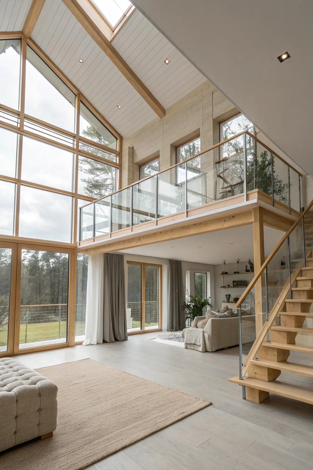 Add an ethereal touch to your loft with floating glass panel railings that mesmerize. ✨ #FloatingDesign #LoftElegance