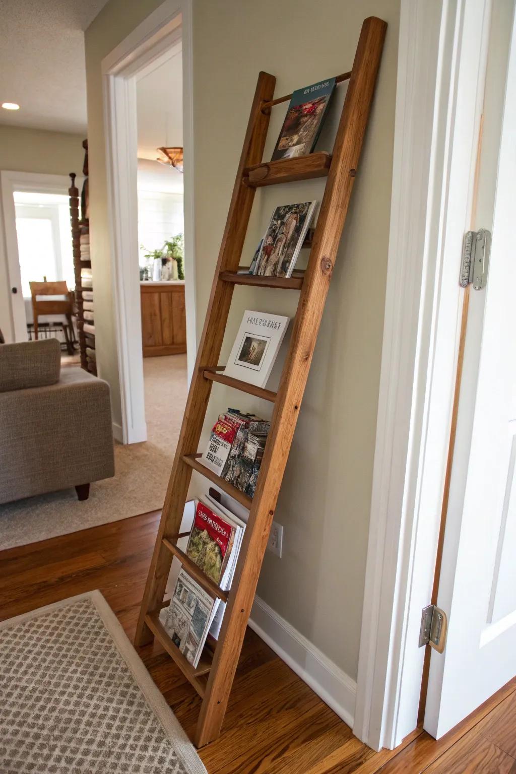 Add a touch of creativity with a DIY ladder that elegantly displays your favorite magazines. 🌟 #DIYDecor #CreativeStorage #HomeInnovation