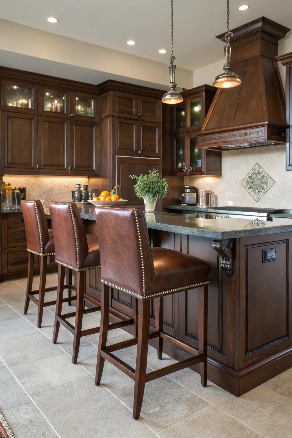 Leather bar stools are the perfect addition to your kitchen, combining comfort with style. #LeatherStools #KitchenStyle #InteriorDesign