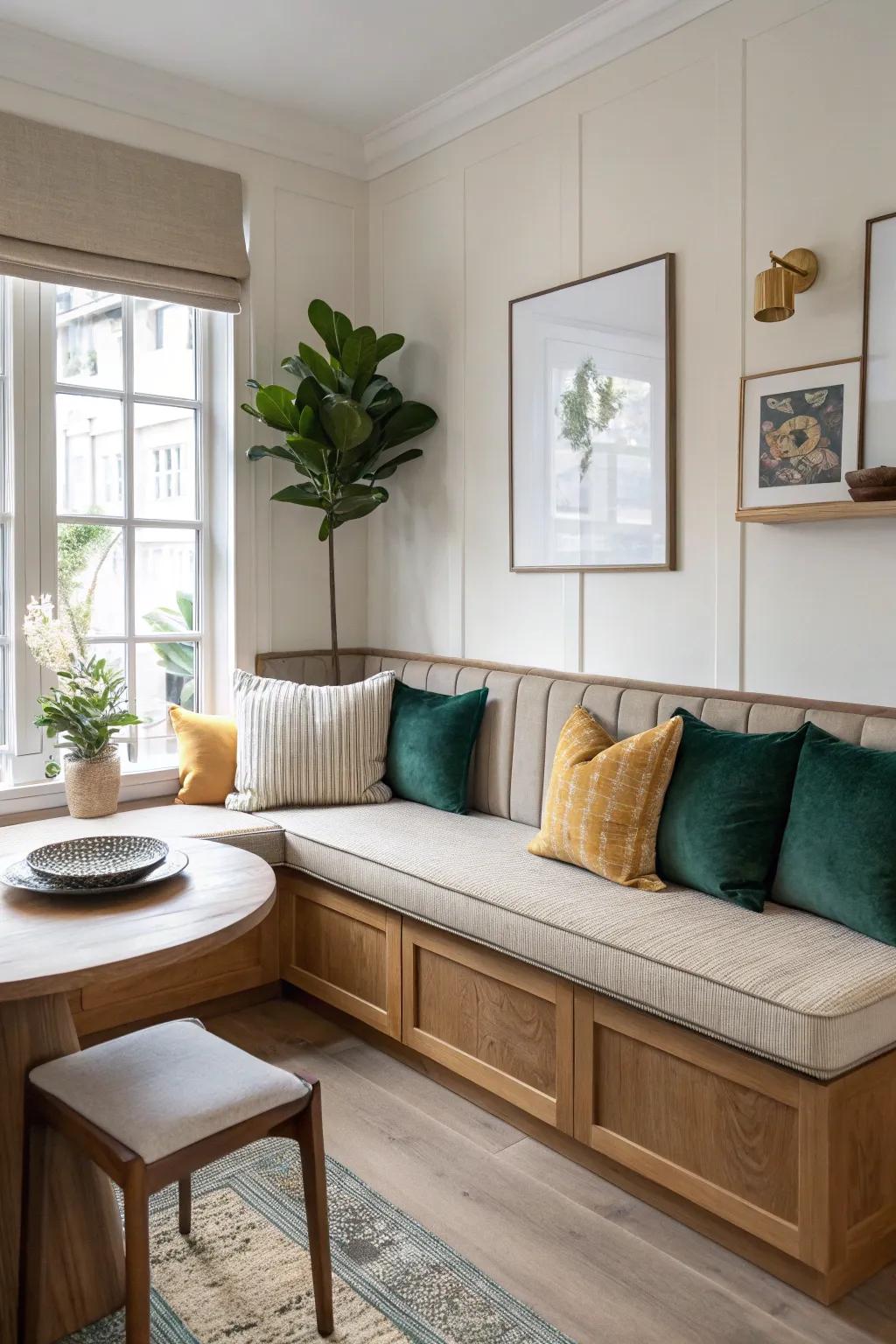 Break the mold with asymmetrical banquette seating that commands attention. 🔍 #UniqueDesign #BoldInteriors