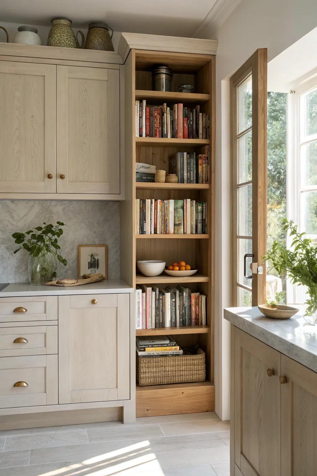 Display your favorite cookbooks on open shelves, combining practicality with style. #LiteraryCharm #KitchenBooks #CookingInspiration