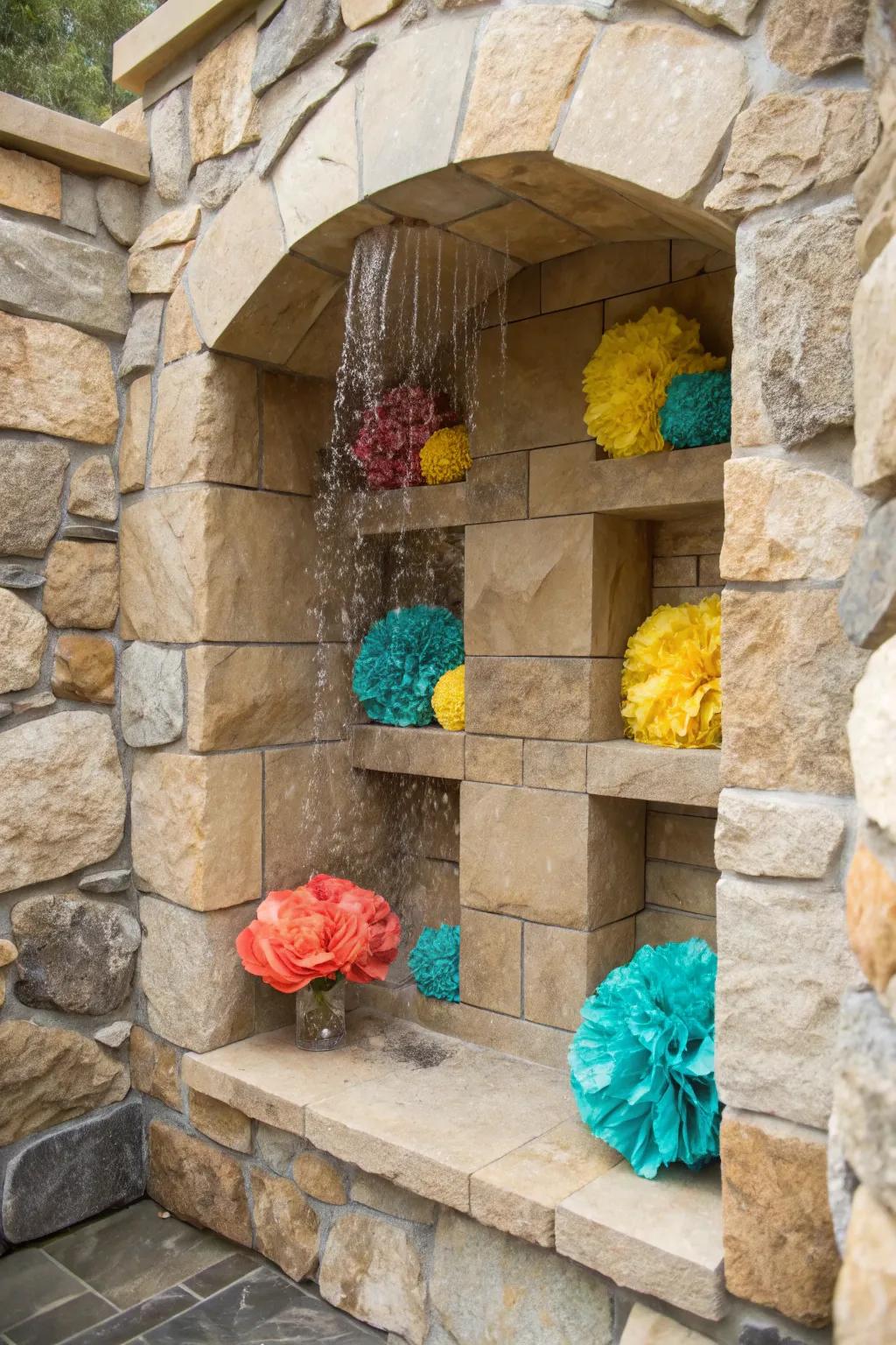 Keep your shower organized and stylish with seamlessly integrated stone niches. #BathroomStorage #DesignTips