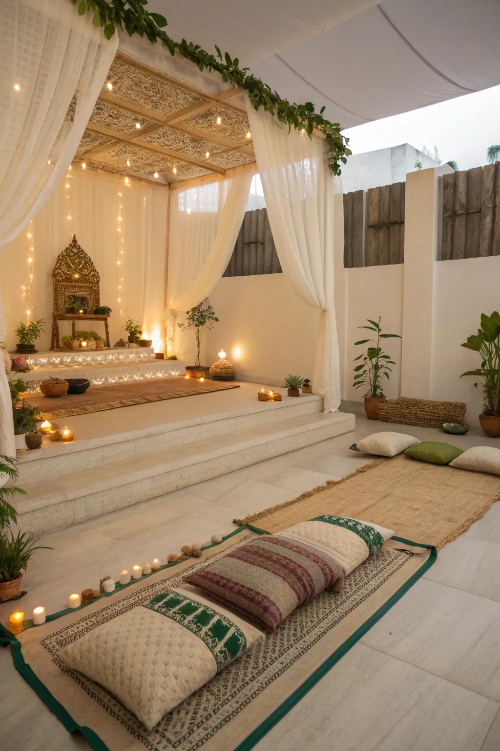 Layer textiles for a cozy and inviting pooja setting, adding comfort and visual interest. 🛋️ #TextileDesign #CozyHome