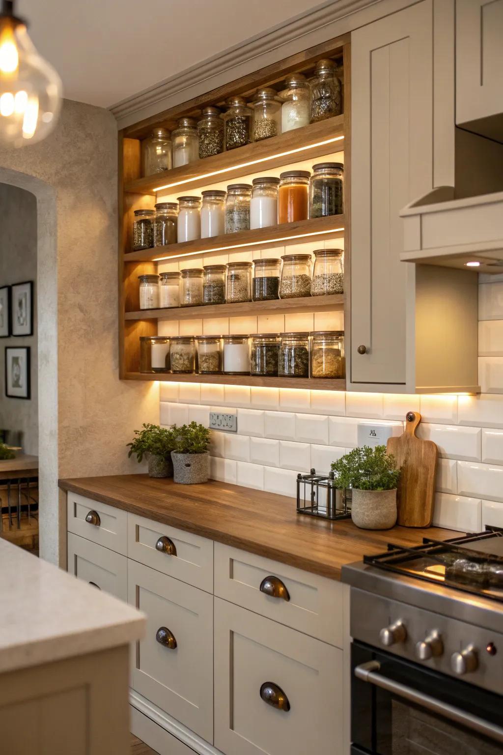 Achieve a seamless kitchen design with built-in spice shelving.