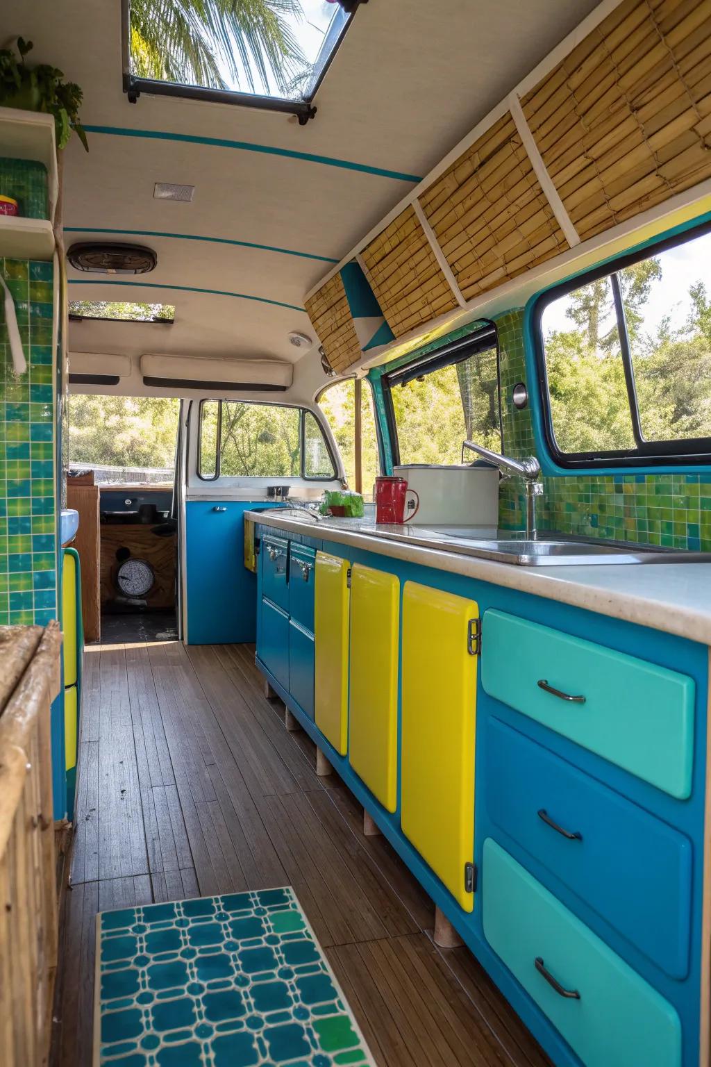 Infuse your van kitchen with energy using creative color schemes. #ColorfulLiving #VanDesign