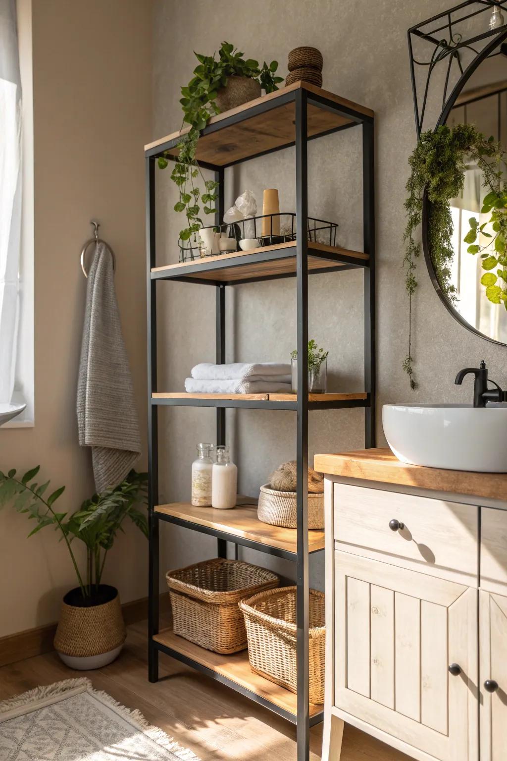 Add an urban touch to your vanity with industrial metal shelving. #IndustrialChic #ModernLiving