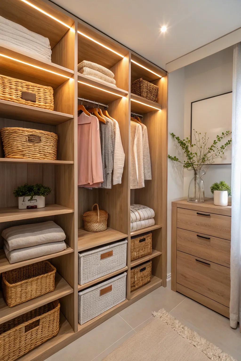 Adjustable shelving offers flexibility and functionality in any closet space.