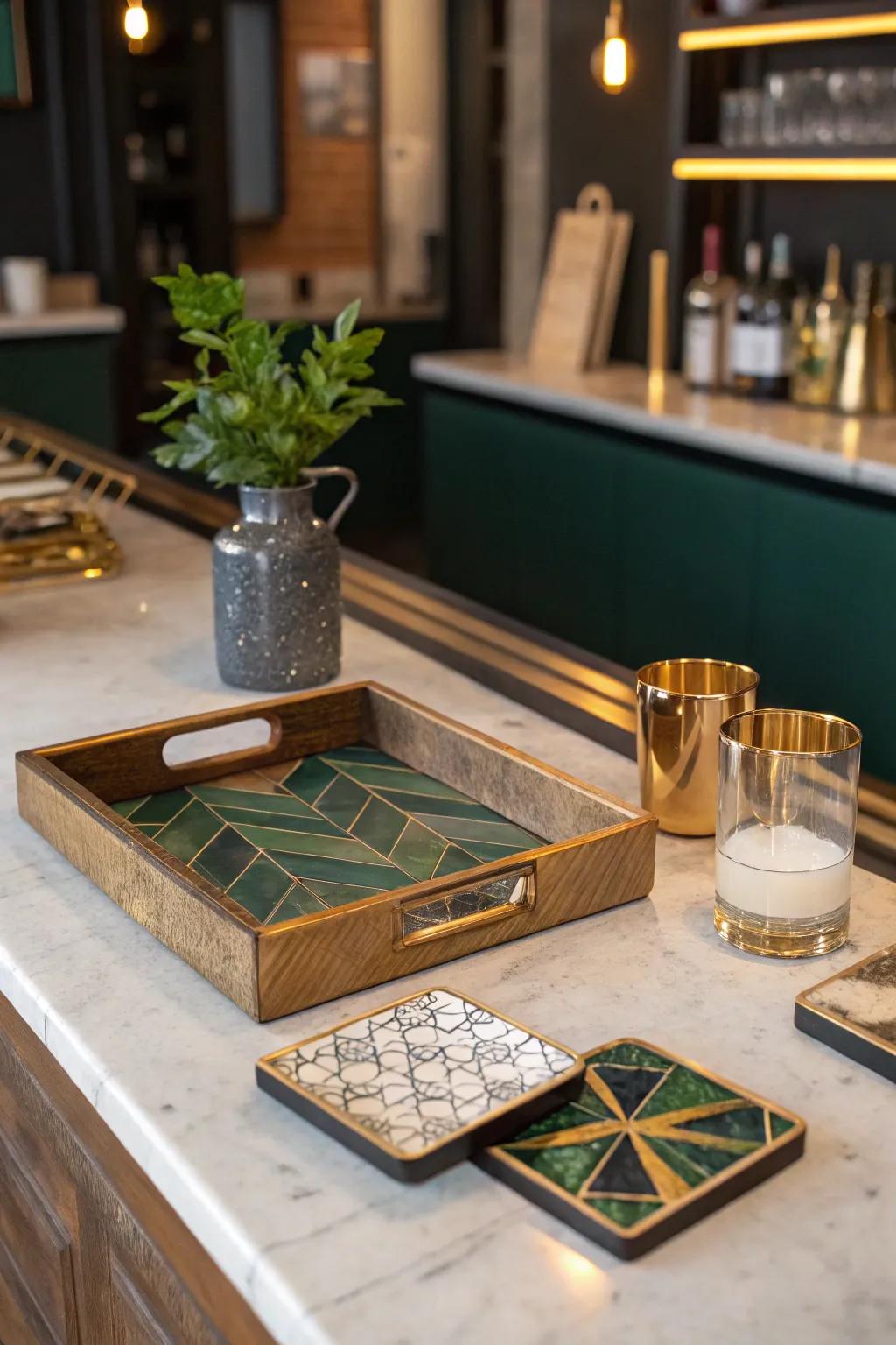 Organize in style with elegant trays and coasters. #BarOrganization #ElegantDesign #HomeDecor