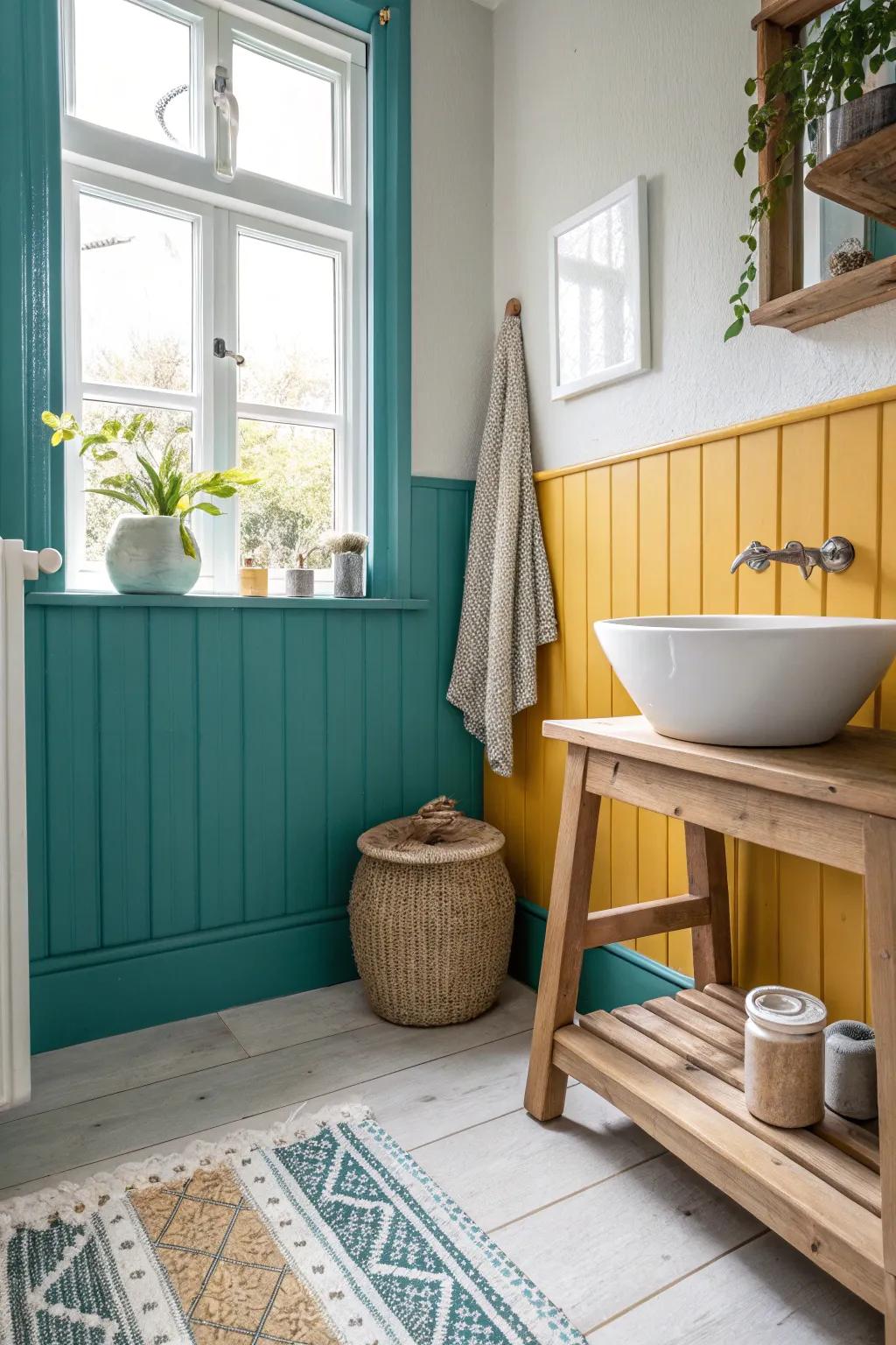 Brighten your bathroom with colorful wainscoting that brings joy and energy.