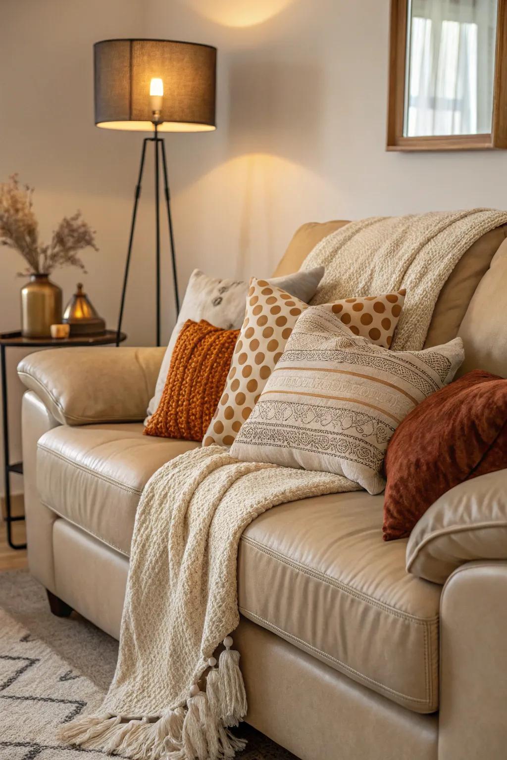 Layered pillows create a cozy and inviting living area.