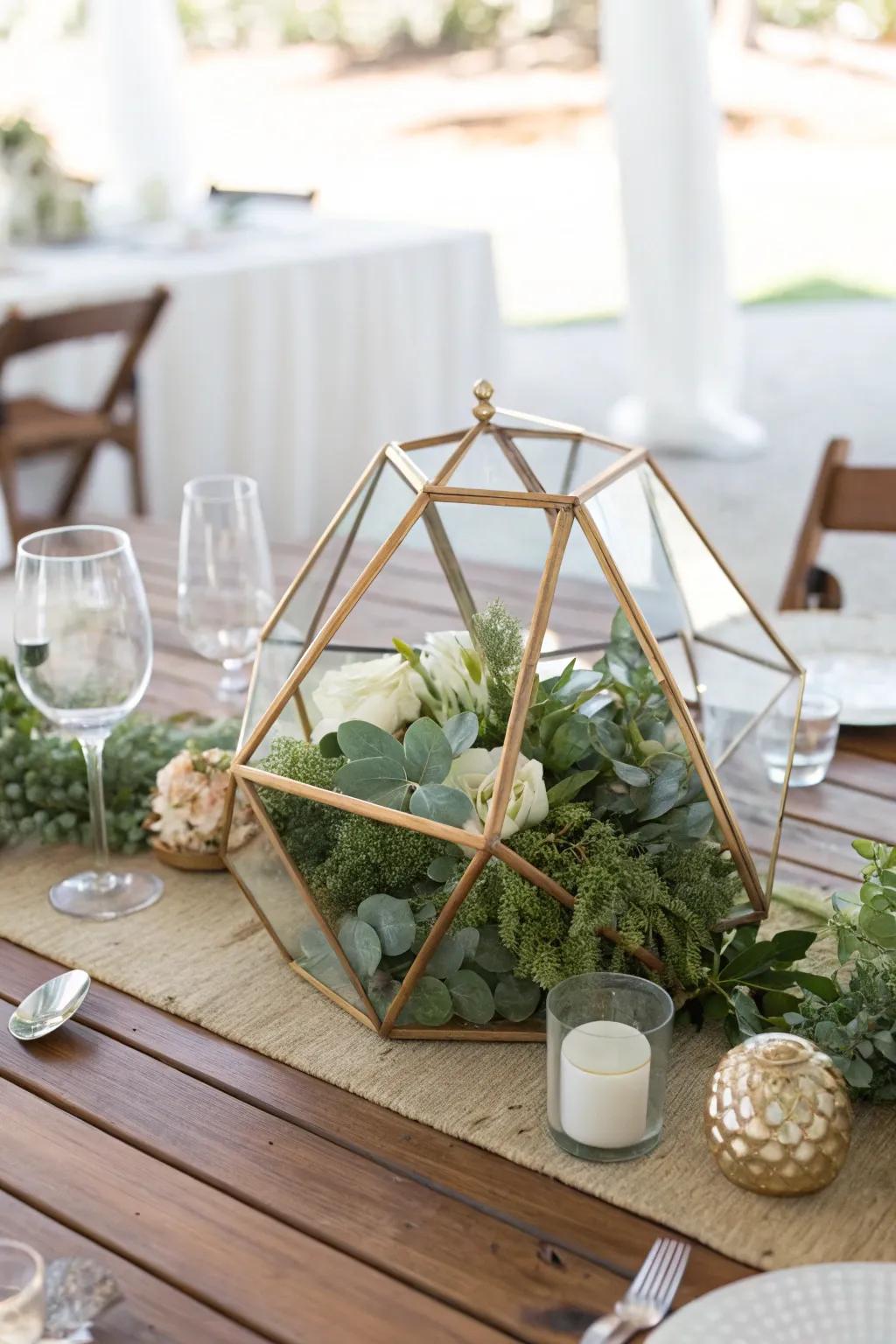 Make a bold statement with geometric centerpieces that captivate. #GeometricGlam #ModernDecor